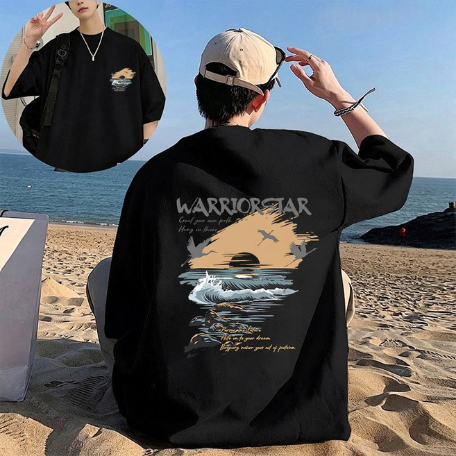 FONOW 남성반팔면티 조류 산수화 여성루즈핏 패션 반팔티셔츠