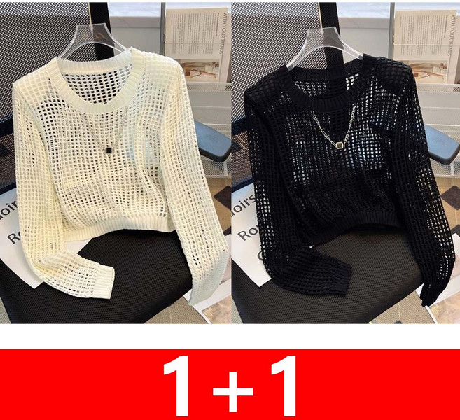 지고다그 1+1 여성 스트라이프 니트 티셔츠 루즈핏 시스루 망사 스타일 통기성 상의 HH2467