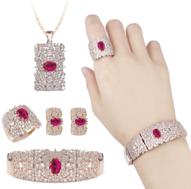 [혜성 주얼리] 샤를로트 럭셔리 풀 파베 루비 포인트 로즈골드 프리사이즈 반지 팔찌 목걸이 귀걸이 4종