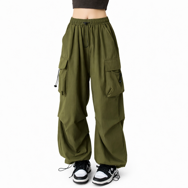 차쿠 남녀공용 와이드 카고 바지 통바지 와이드 캐주얼 카고 팬츠 밑단 조걸 스토퍼