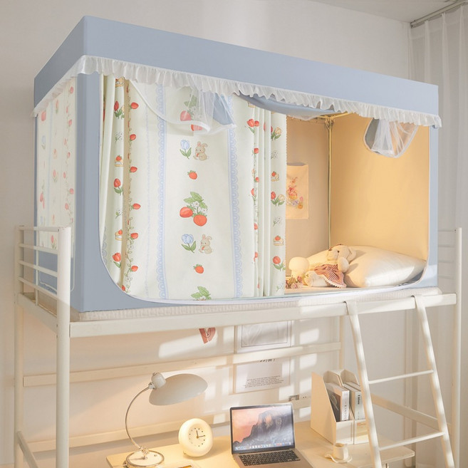 개웃기냥 귀엽고 아기자기한 1인용 1 2층침대 기숙사 학생용 사각 모기장 텐트 난방 틴트 일체형 5면 포괄, A 딸기 토끼