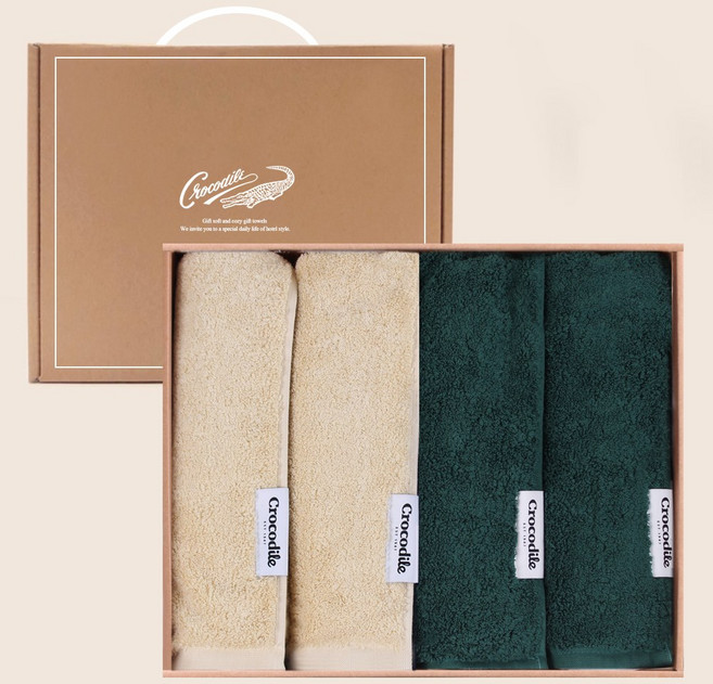 크로커다일 220g 오코텍스 40수 호텔 수건 선물 세트, 4개, 베이지2+그린2