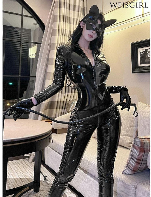가죽 할로윈 캣츠 의상 섹시 코스튬 코스프레 의상 바디수트 캣츠걸 파티코스튬여성