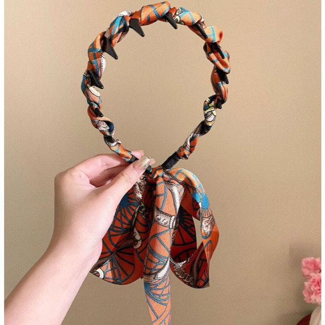 BEAGLE 鍊條緞帶髮箍 復古緞面編髮 氣質長飄帶髮飾, 1個, 長齒橘色1個