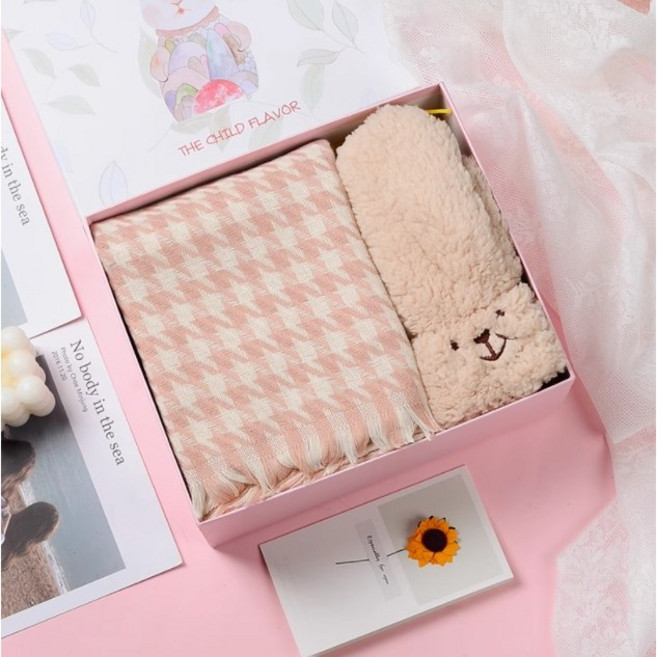 프린지 머플러+페이크퍼 벙어리장갑 2종세트 하운드투스체크 니트 포근 보들 목도리 데일리 보온방한 남녀공용 커플템 스카프 선물용