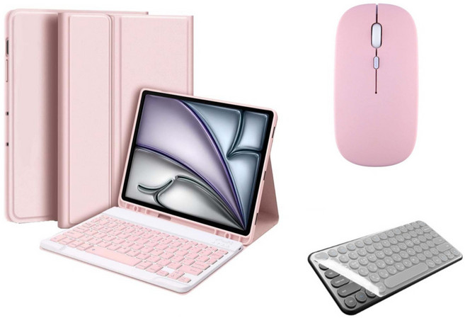 아이패드 호환 에어 프로 미니 1/2/3/4/5/6/7/8/9/10 세대 M2 M4 펜슬 수납 블루투스 키보드 케이스 무선 마우스 세트 iPad Pro Air Mini 케이스나, 핑크