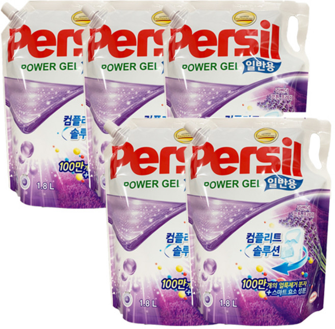 퍼실 파워젤 라벤더코튼 일반용 액상세제 리필, 1.8L, 5개