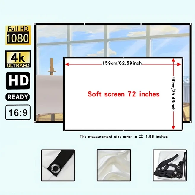 야외 패션 접이식 가정용 휴대용 프로젝션 스크린 60-150인치 169 사무실 영화관 엔터테인먼트 등에 적합, 03 72 인치