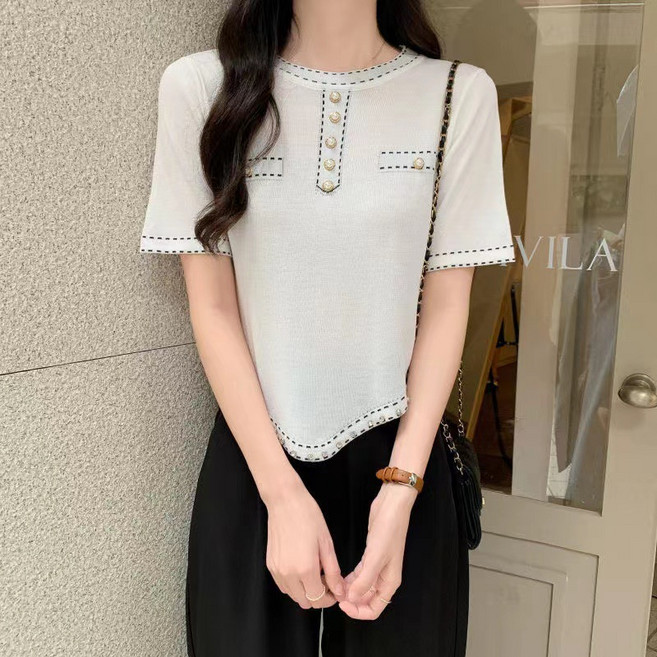 작은 향수 승무원 불규칙한 디자인 느낌 작은 그룹 니트웨어 여성 여름 슬림 기질 조커 재킷 여성 작은 셔츠