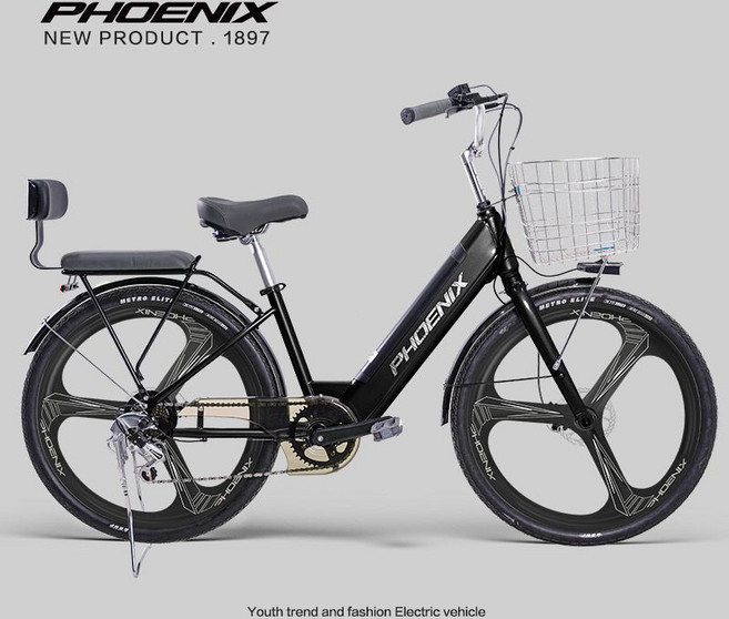 PHOENIX 電動腳踏車 26吋可拆卸鋰電池 電助力輔助 大車筐 油碟煞車, 1個, 26寸一體輪-碟剎-速度版-玄武黑-亮配,48V15Ah