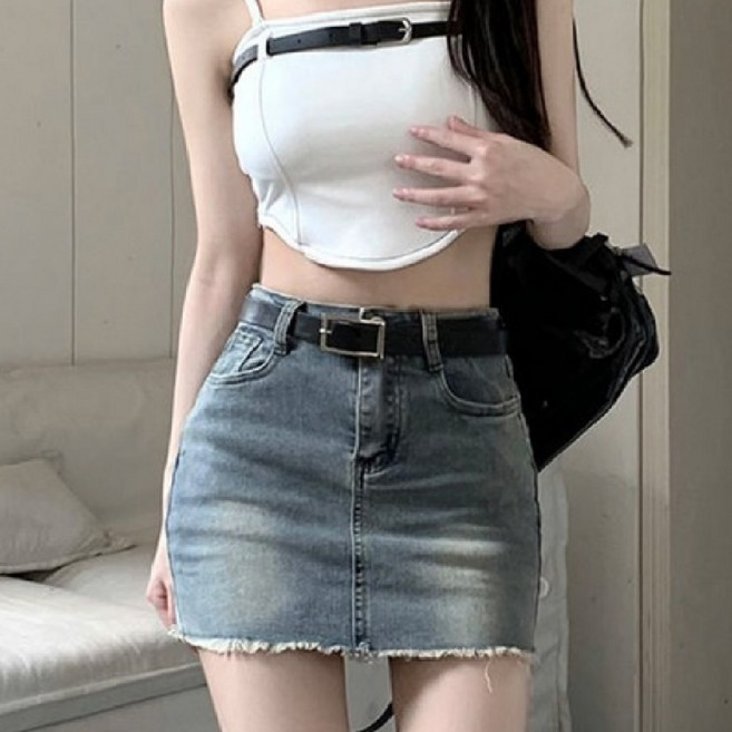 100510C 스밀리 하이웨스트 스판 좋은 레트로 데님 미니 청치마