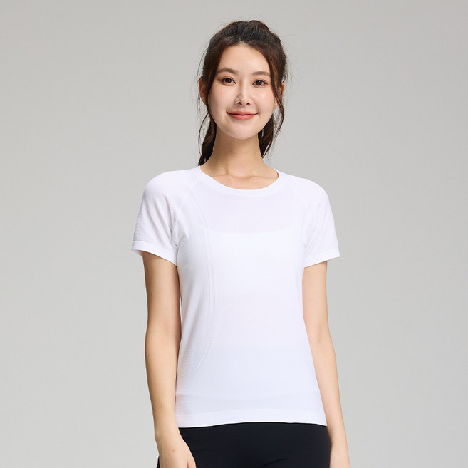 여성용 무봉제 요가복 봄여름 스포츠 상의 일체형 슬림핏 반팔 티셔츠 러닝 트레이닝 피트니스복