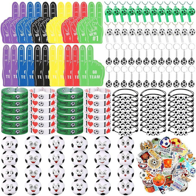 Maxdot 194피스 축구 파티 선물 24세트 폼 핑거 미니 페이스 스트레스볼 키체인 팔찌 손목 밴드 호루라기 스티커 어린이 생일 용품