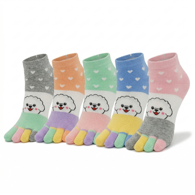 더엘피스 여성 여자 단목 비숑 캐릭터 귀여운 발목 발가락 양말 5켤레 세트
