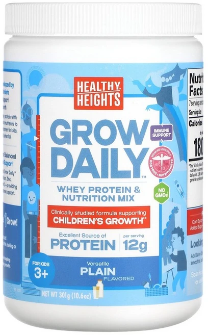 Healthy Heights 그로우 데일리 유청 단백질 및 영양 믹스 만 3세 이상 용 플레인 301g(10.6온스) - 쿠팡