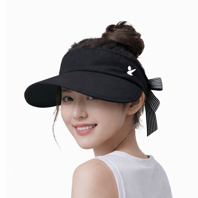 지아이골프 UV 차단 가벼운 나일론 리본 패션 2WAY 탈부착 여름 골프 모자 여성, 블랙, 1개