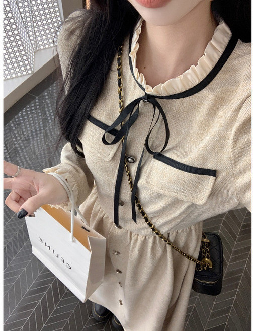復古氣質繫帶木耳邊長裙 杏色 XL碼, 杏色,XL