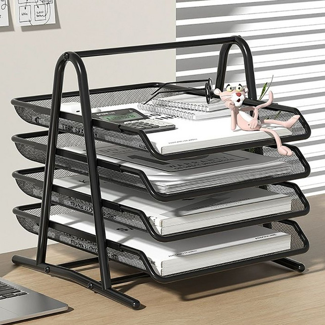 리빙픽 오피스 다용도 슬라이드 트레이 서류 수납 선반 데스크 정리함 사무용 수납, 4단, 블랙