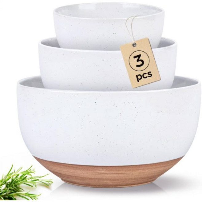 AmorArc 9.8" 세라믹 서빙 볼 90 OZ 초대형 샐러드 볼 2개 세트 샐러드 수프 및 저녁 식사를 위한 소박한 테라코타 밑면이 있는 스톤웨어 오버사이즈 볼. 엔터테인, 3PCS, White