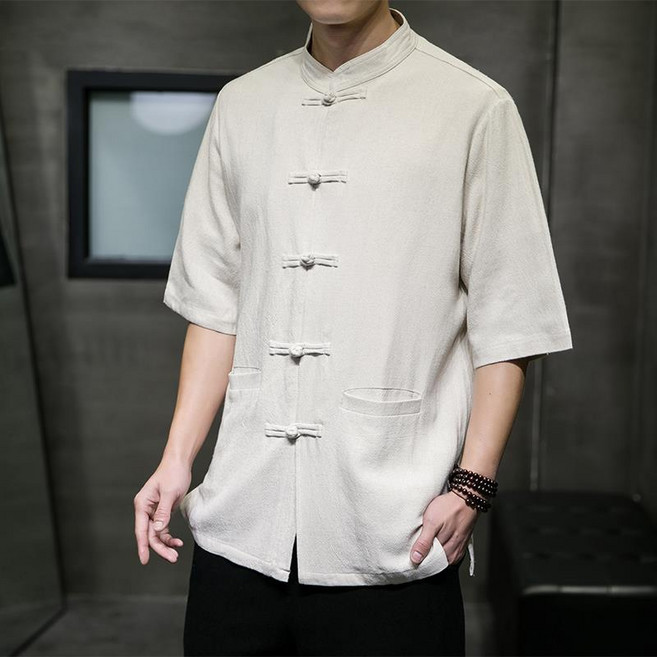 亞麻短袖襯衫 男 中國風復古盤扣立領唐裝中式襯衣, 1個, C119米白色【高品質】2XL建議145-160斤