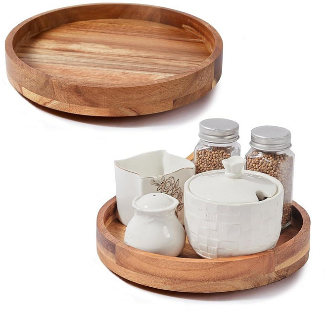 [ 2팩 ] 25.4cm(10인치) Lazy Susan 오거나이저 ACIAZAAZ 캐비닛용 턴테이블 테이블 조리대 식료품 저장실용 주방 턴테이블 보관, Acacia Wood With Side, 1 Pcak 9 inch