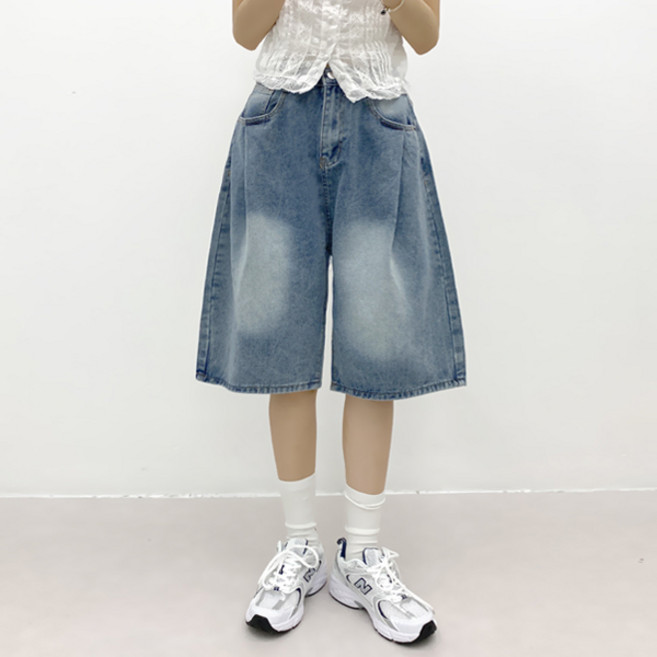 [앞핀턱/뒷밴딩]골반볼륨 와이드 청 반바지 빈티지워싱 버뮤다 팬츠 와이드