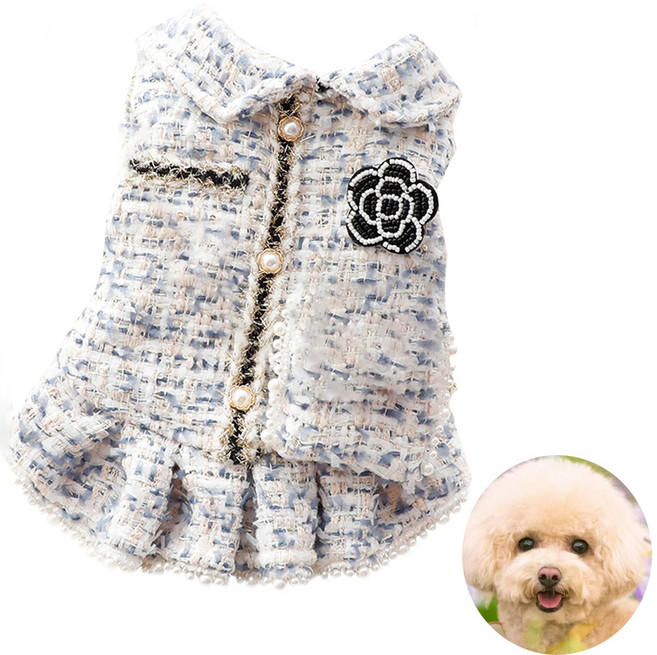 강아지옷 기모체크 트위드공주원피스 반려동물 가을 겨울옷, 1개, 푸른색