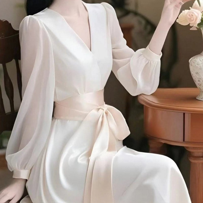 여성 봄 긴팔 원피스 여자 고급 리본 슬림 롱 드레스 프렌치 롱 원피스 XHR