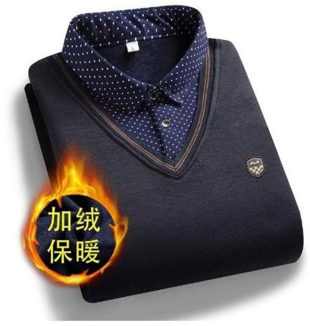 毛衣男針織衫新款秋冬季男士假兩件一體絨加厚保暖襯衫領中老年套頭針織衫爸爸裝