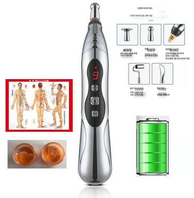 전자 지압펜 도구 마사지 스테인레스 압력 혈자리, 실버 최고사양 LCD 충전식 9단계 5헤드, 1개