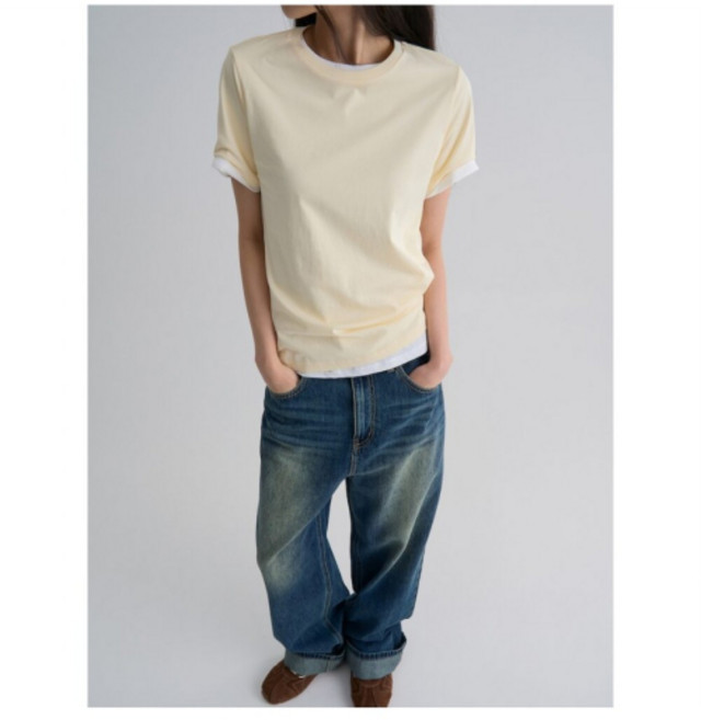 에잇세컨즈 반팔티셔츠 베이직 라운드넥 반소매 티셔츠 옐로우 1724613