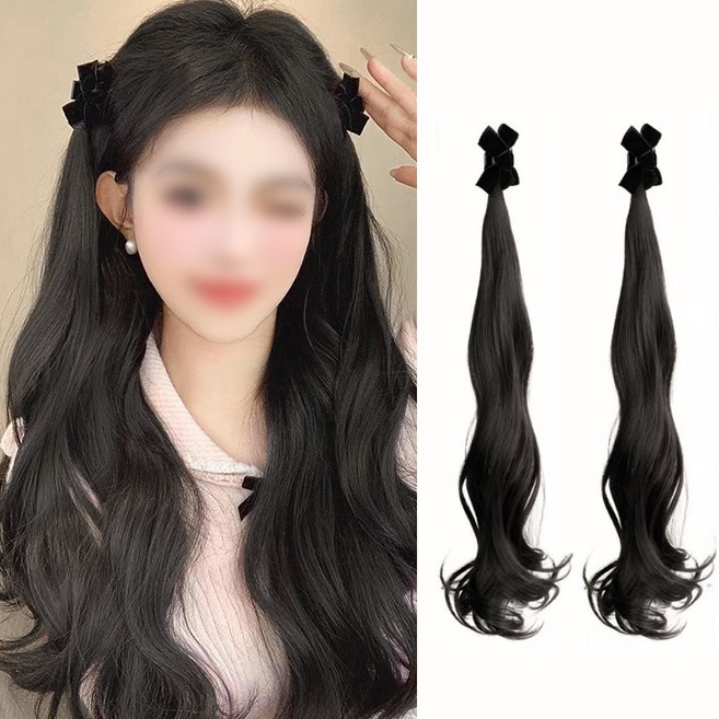 아이루리 투웨이 웨이브 리본 집게핀 가발 1+1 2개 양갈래 귀여운 로맨틱 데이트 파티룩, 1개, 웜블랙