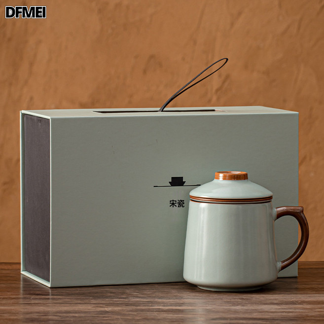 DFMEI 過濾水杯汝窯茶杯帶蓋馬克杯中式個人辦公室泡茶節日教師節禮盒裝, 1個, 汝窯天青-宋瓷禮盒:401-500ml
