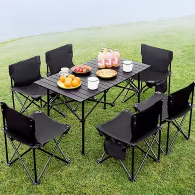 [고캠핑] 휴대용 캠핑 폴딩 롤 테이블 + 의자세트(2인 4인 6인) + 테이블 그물망 + 수납가방 증정, 블랙