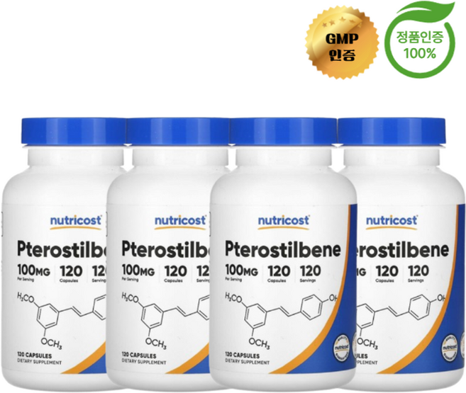 뉴트리코스트 프테로스틸벤 100mg 캡슐 Nutricost Pterostilbene, 120정, 4개