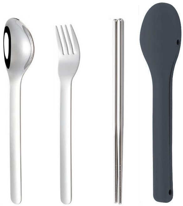 무소음 수저케이스 휴대용 수저 실리콘 캠핑수저 포크 숟가락 젓가락 3종 수저세트 열탕소독가능, 차콜, 1개, 숟가락 + 젓가락 + 포크