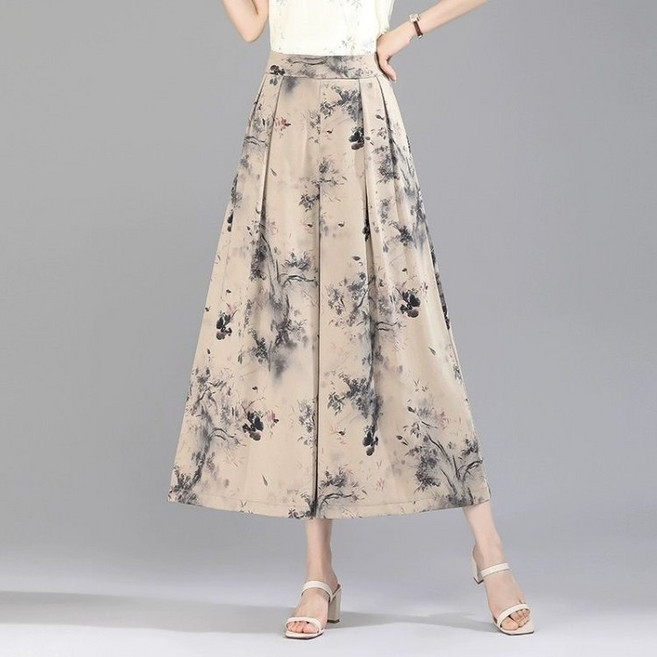 COSYEVNO 엄마옷 치마바지 프린팅 루즈핏 하이웨스트 여름 9부 와이드 팬츠