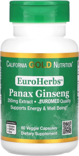 캘리포니아 골드 인삼 추출물 Panax Ginseng EuroHerbs 250mg 베지 캡슐 60정 진세노사이드, 1통 - 쿠팡