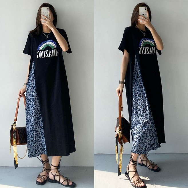 (신상 추천) 150kg까지 빅사이즈 여성 호피 패치워크 롱 원피스 티셔츠 여름 편한 언밸란스 디자인 오버핏 큰옷 모던 개성 프린트 레터링 일자핏 라운드넥 반팔 a라인 원피스