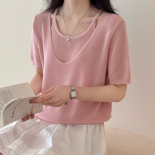 [핑크마카롱] 착한가격 청순 레이어드 브이넥 반팔니트