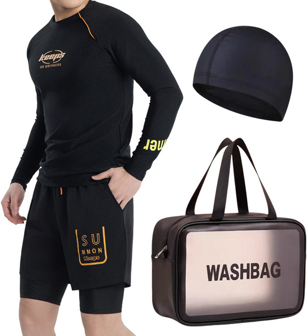 코코드림 남성용 래쉬가드 수영복 상의+하의+수영모+수영가방 4종 세트