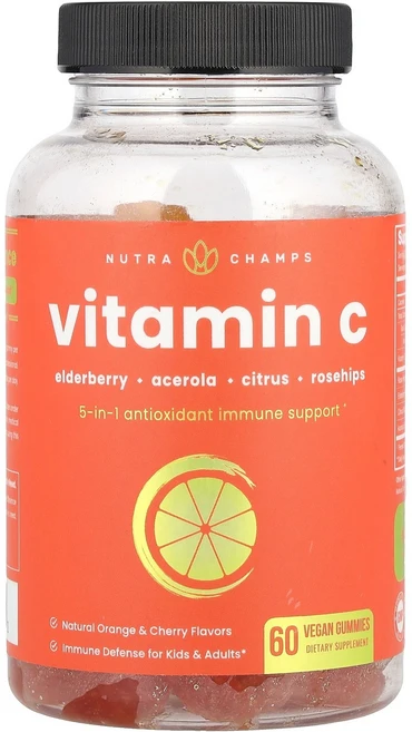 NutraChamps 비타민C 천연 오렌지 & 체리 비건 구미젤리 60개 NutraChamps (뉴트라챔프스), NutraChamps, 비타민C, 천연 오렌지 & 체리, 1개 - 쿠팡