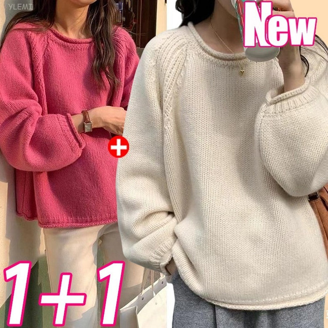 YLEMI 1+1 가을 겨울 러블리 니트 스웨터 루즈핏 캐주얼 스타일 상의 2P