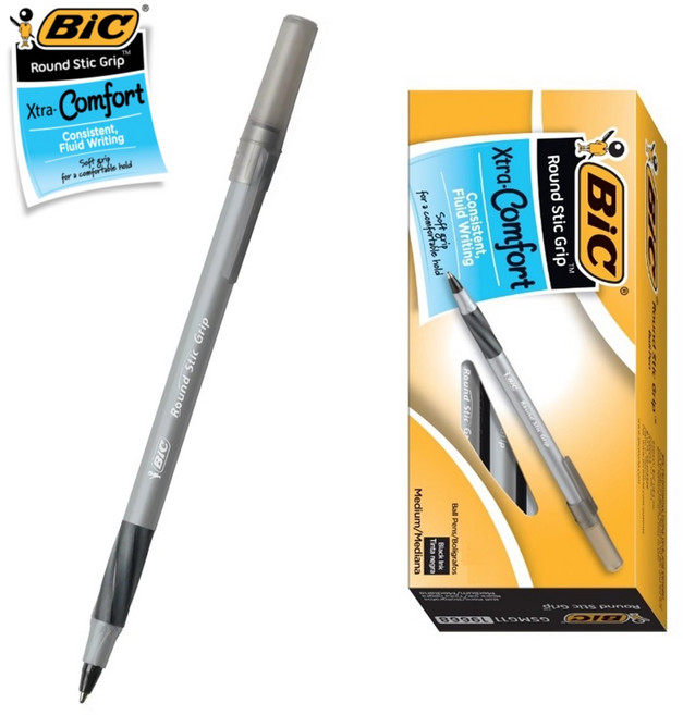 BIC 볼펜 라운드스틱 그립 1.0mm Grip 빅볼펜 12P, 12개, 블랙