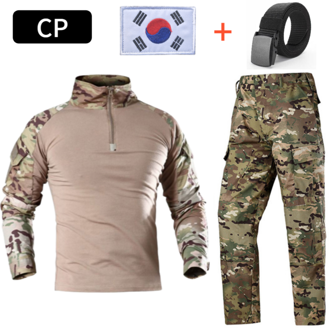 (태극기 와펜 벨트 증정) 컴뱃셔츠 전투복 바지 세트 밀리터리 택티컬 셔츠, CP