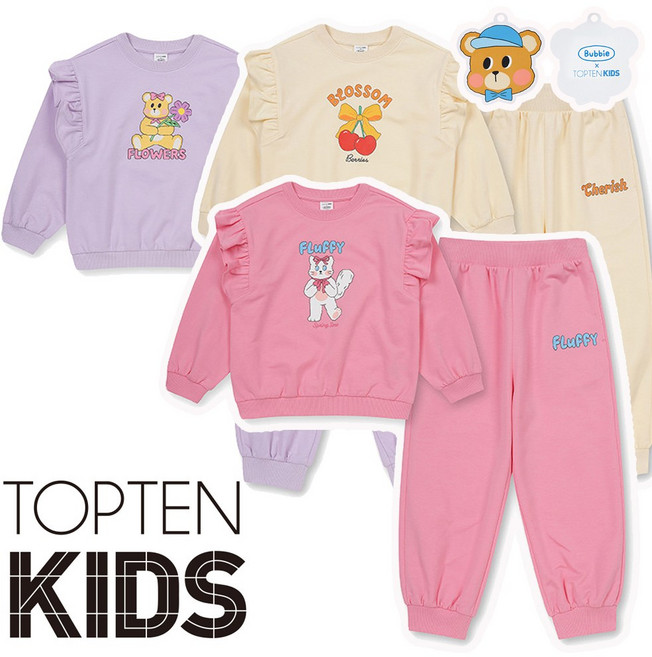 탑텐키즈 여아 봄 간절기 프릴 어깨 버비 상하복 세트 맨투맨 조거팬츠