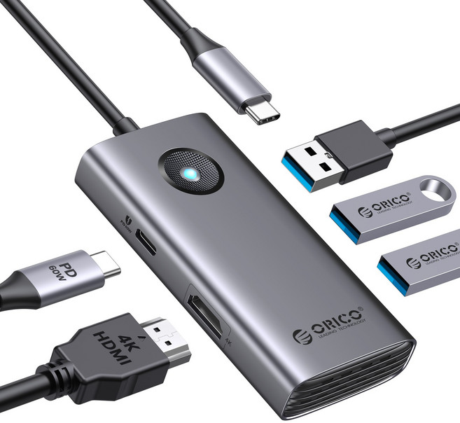 오리코 C타입 5IN1 멀티포트 허브 PD60W 충전 HDMI 4K PW11-5P, 짙은 회색, 1개