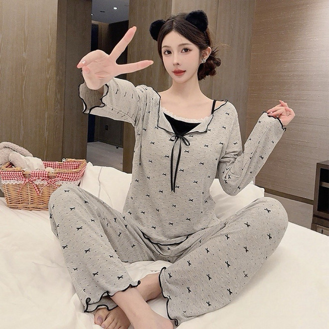 莫代爾蝴蝶結長袖睡衣三件套，含長褲短褲，親膚居家服