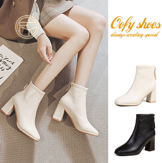 OOFY靴 質感歐美風高跟短靴 後拉鍊皮質方頭靴 時尚女靴