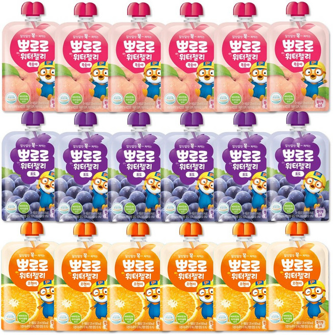 어린이음료세트 뽀로로 워터젤리(복숭아6+포도6+오렌지6), 6세트, 360ml